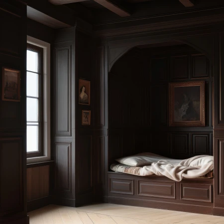 Interior of a room with dark brown woodwork, featuring a built-in daybed with white cushions, illuminated by natural light from a window.
