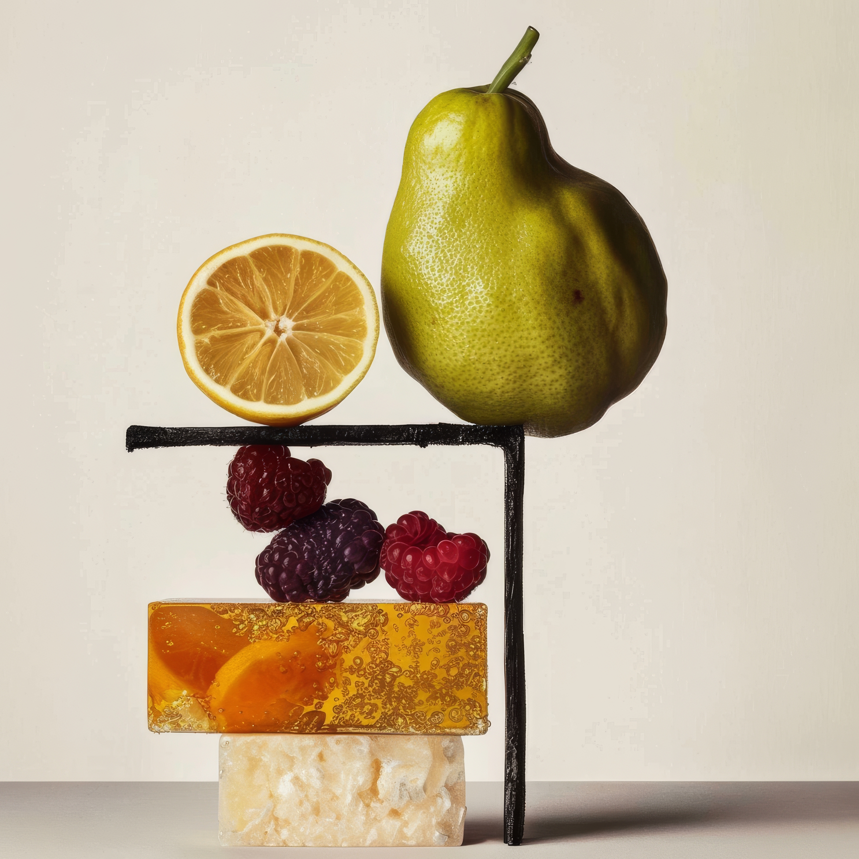 Artistic still life photography featuring a pear, lemon, blackberries, raspberries, and a block of citrus soap.