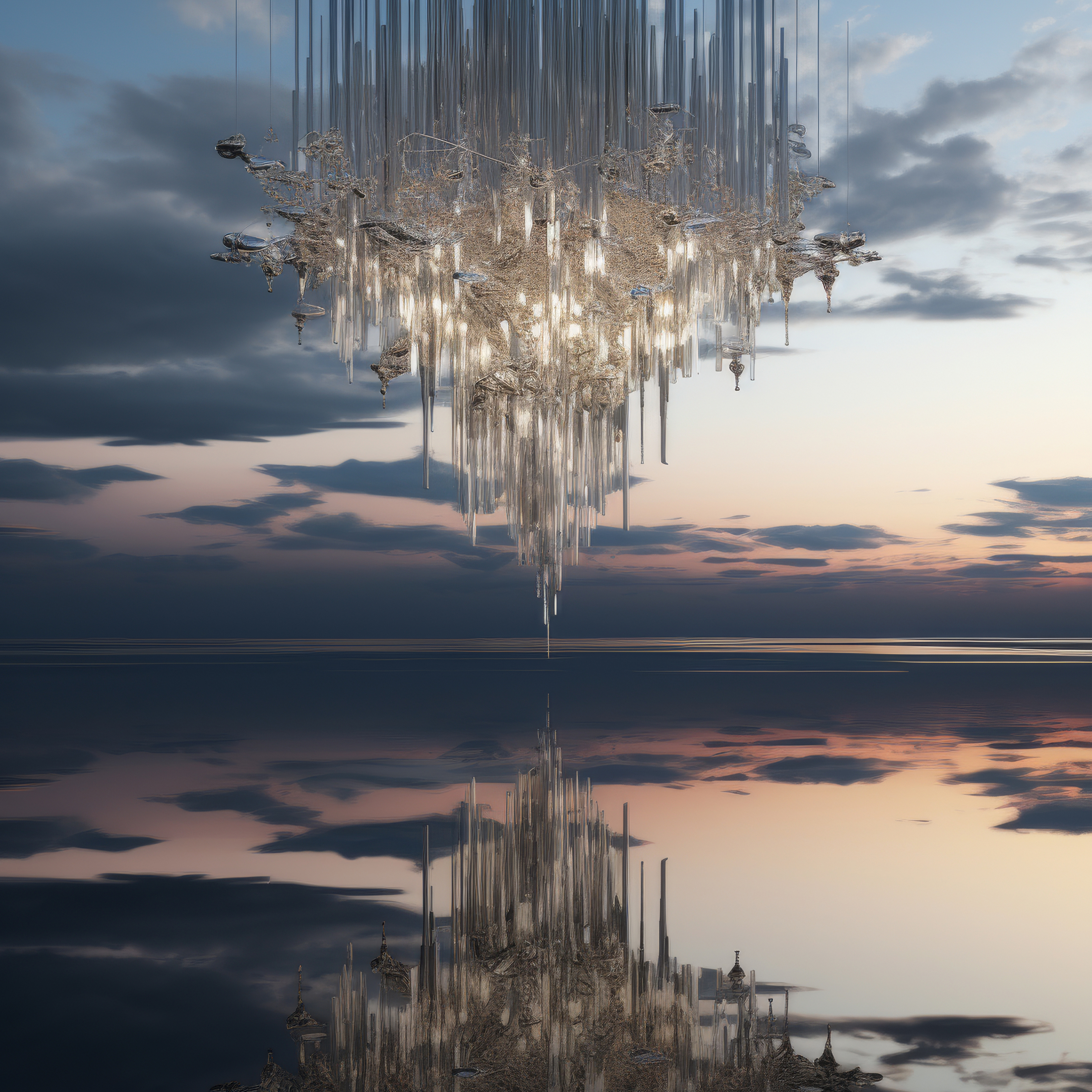 Abstract light installation with long, thin cylindrical elements suspended over a reflective surface at dusk, creating a surreal effect.