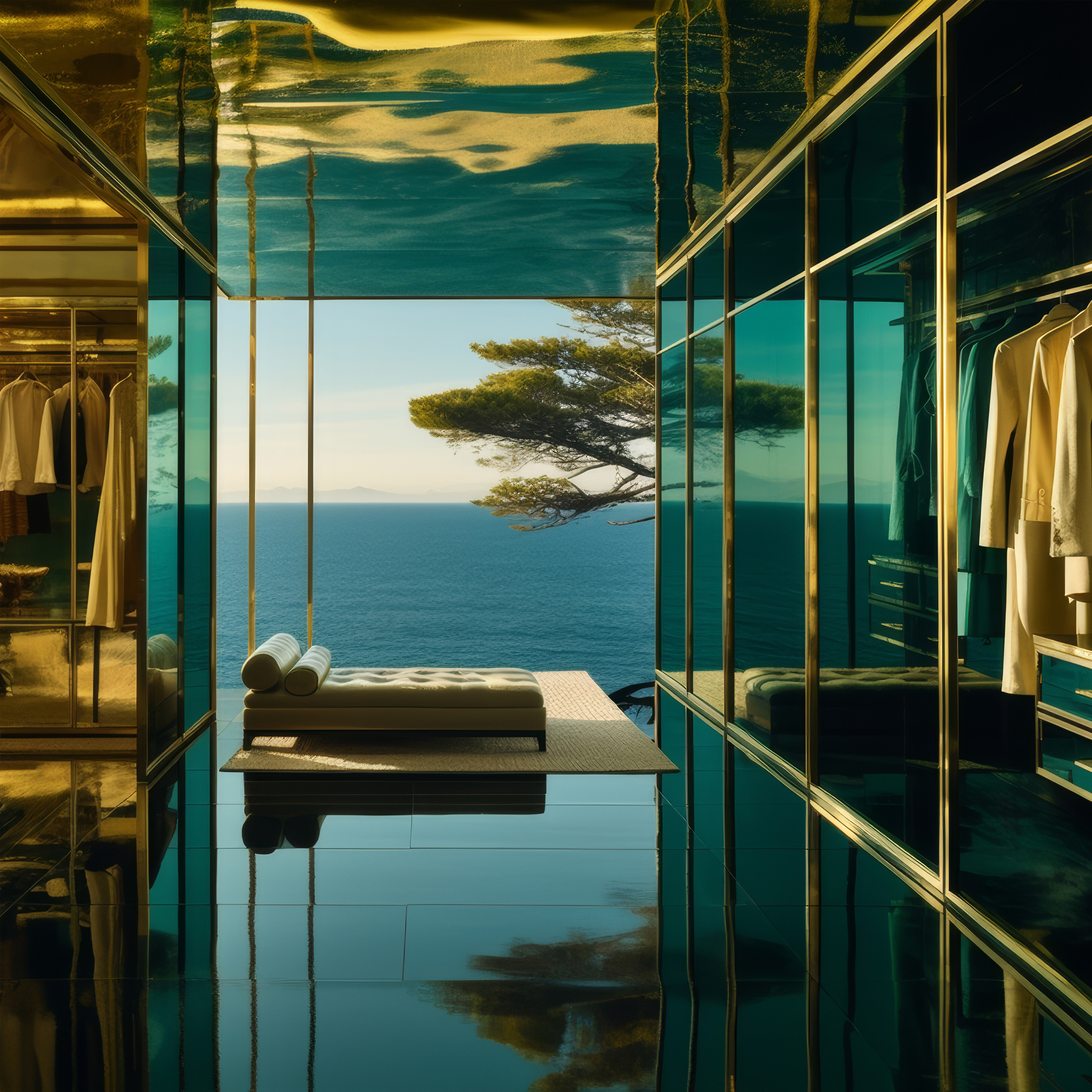 Luxurious dressing room with sea view, featuring a built-in wardrobe, comfortable lounge seating, and a serene coastal vista.