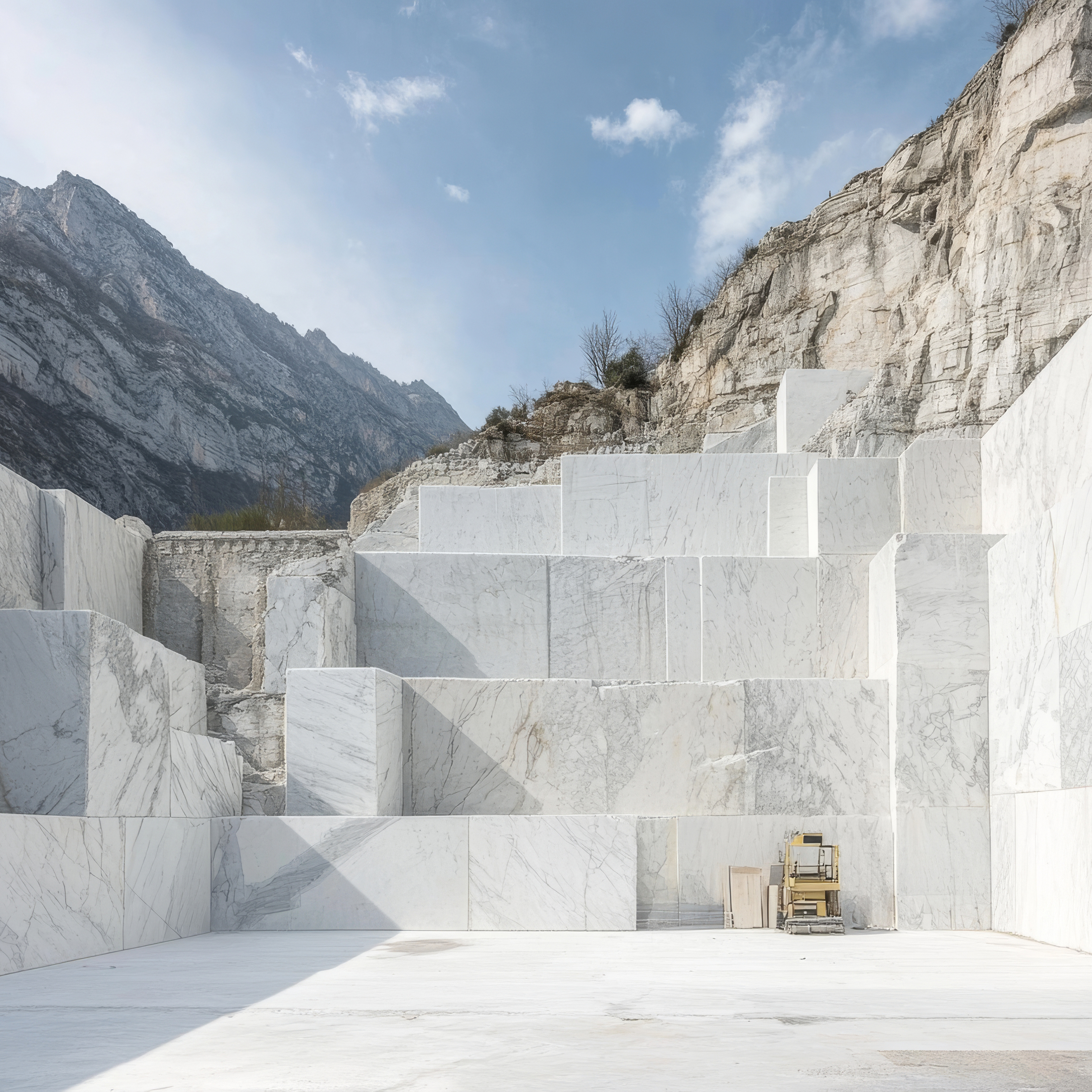 Marble quarry landscape featuring stacked white marble blocks, mountainous background, and a small piece of machinery on the quarry floor.