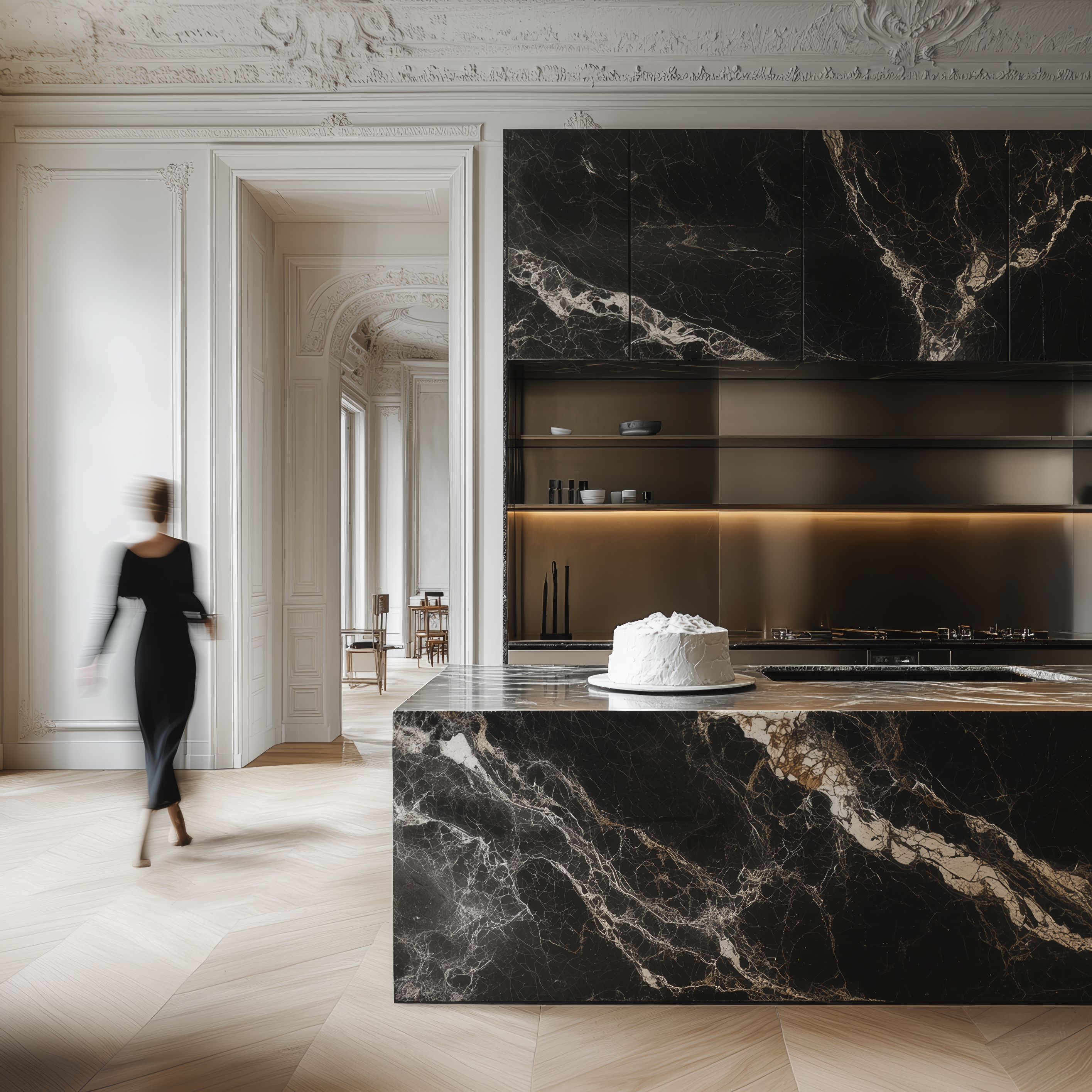 Elegant kitchen interior with black marble island, white cake, and blurred woman in doorway, showcasing modern design in a bright, luxurious home.
