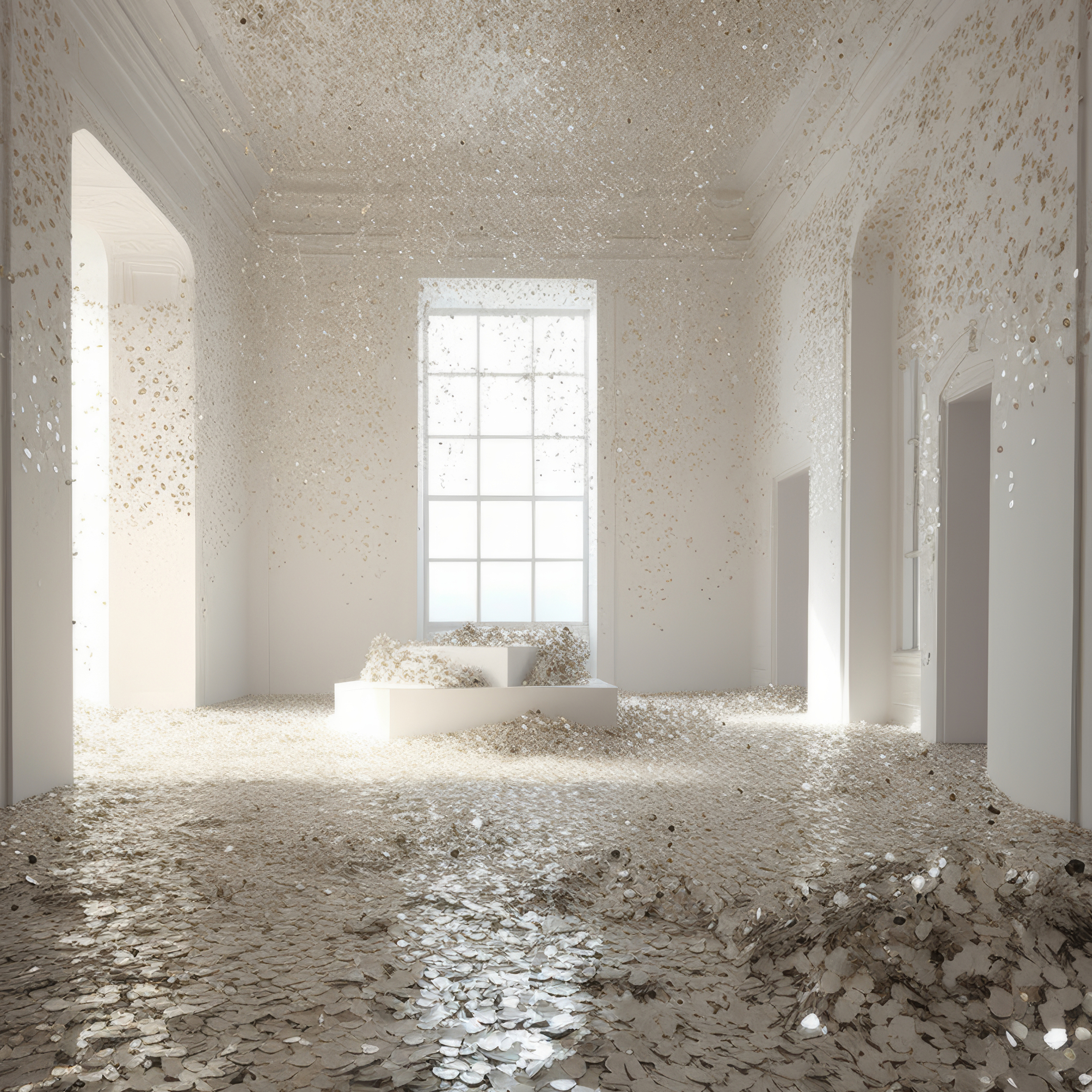 Ornate white room interior with confetti-like material covering the floor, walls, and ceiling. Light shines through a large window.