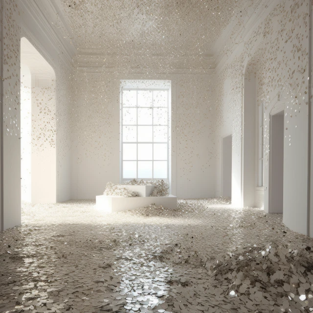 Ornate white room interior with confetti-like material covering the floor, walls, and ceiling. Light shines through a large window.