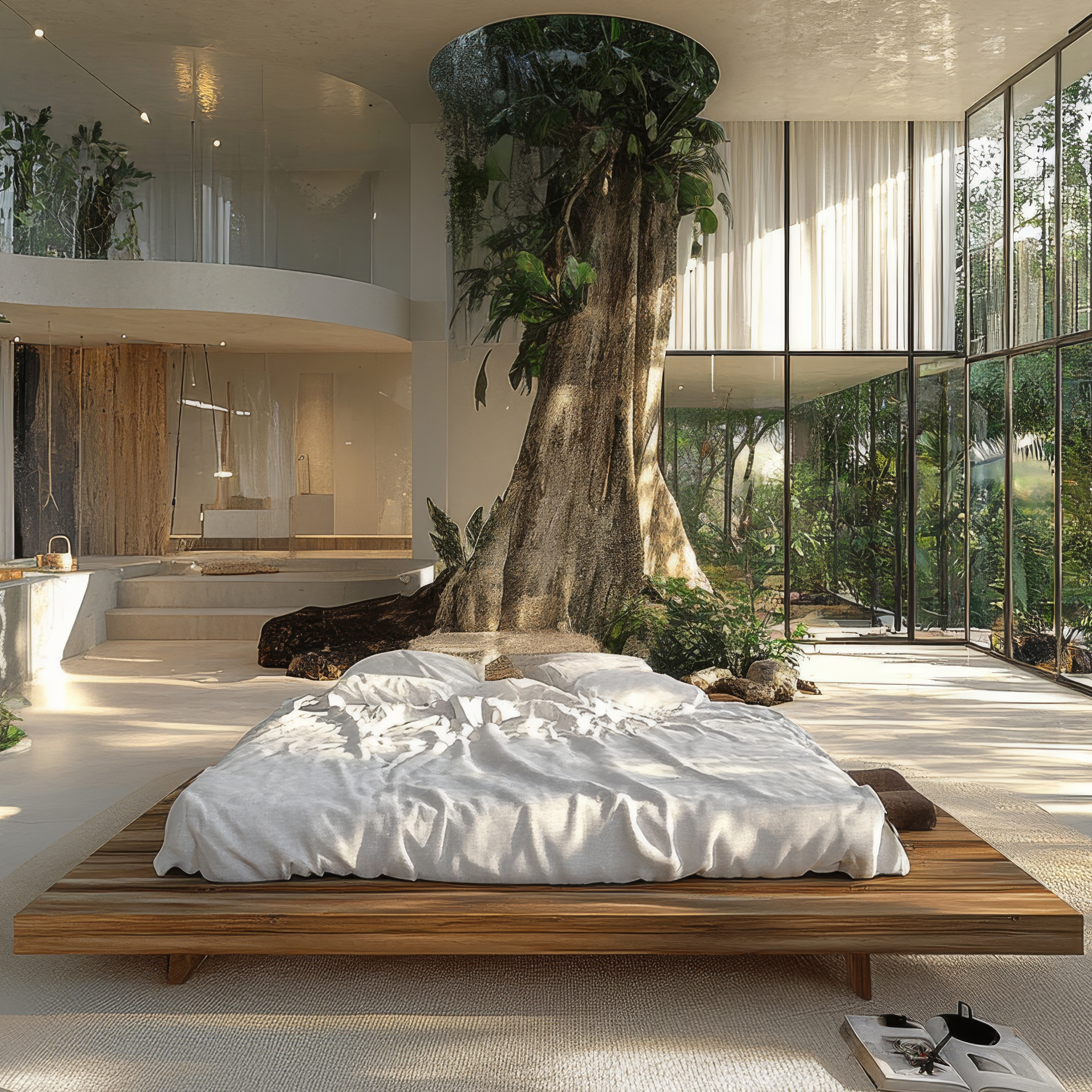 Interior view of a modern bedroom with a large tree growing inside, complemented by sunlight streaming through expansive windows.