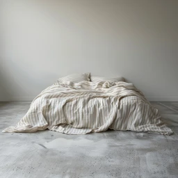 Low-angle shot of a neatly made bed with striped linen duvet and pillows against a plain wall.