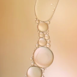 Close-up abstract shot of golden oil droplets and fluid bubbles suspended in a warm beige liquid medium.