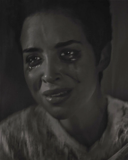 Close-up portrait of a young adult woman with tears streaming down her face. She has short dark hair and is wearing a light-colored shirt.