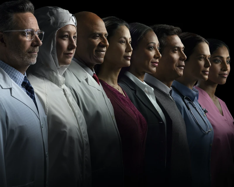 A diverse group of healthcare professionals and scientists standing in a row, looking to the side against a dark background.