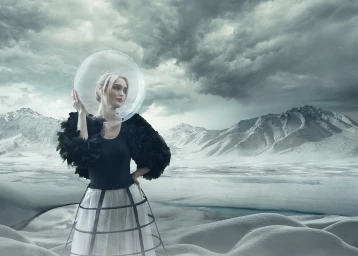 Woman in a black top and white cage skirt holding a clear glass bubble helmet, set against snowy mountains under a stormy grey sky.