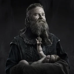 Bearded man in dark medieval tunic holding an infant reaching toward his beard against a dark textured background