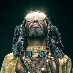 Low-angle portrait of a man wearing round reflective sunglasses, beaded dreadlocks, gold cape, and layered beaded necklaces against a dark background.
