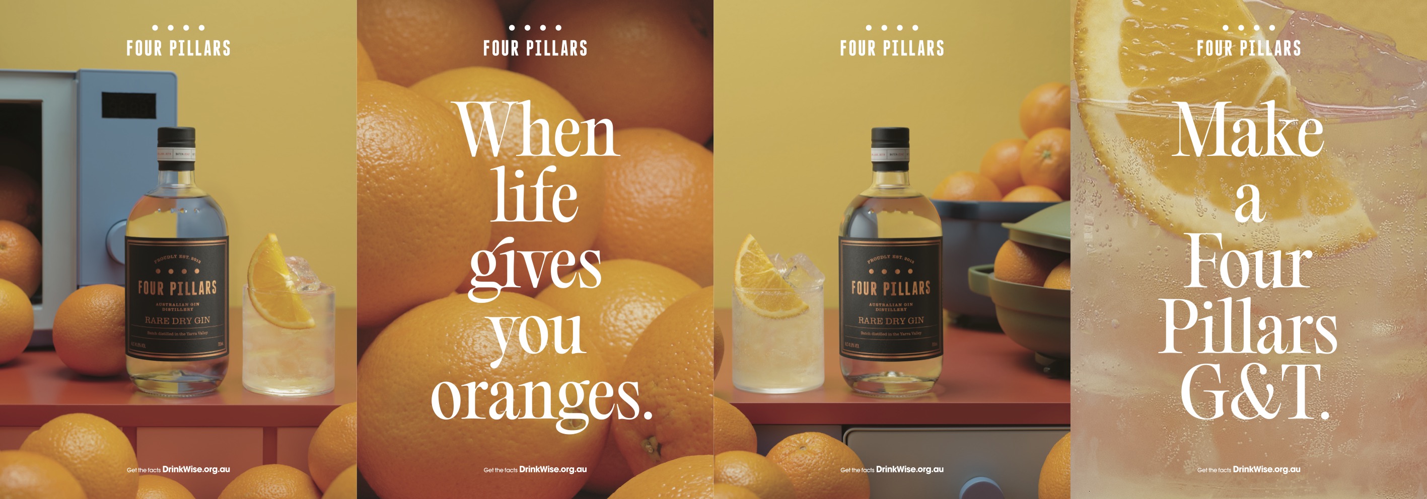 Four Pillars Gin advertisement featuring bottles, cocktails with orange slices, and oranges on a yellow background promoting their Rare Dry Gin and G&T.