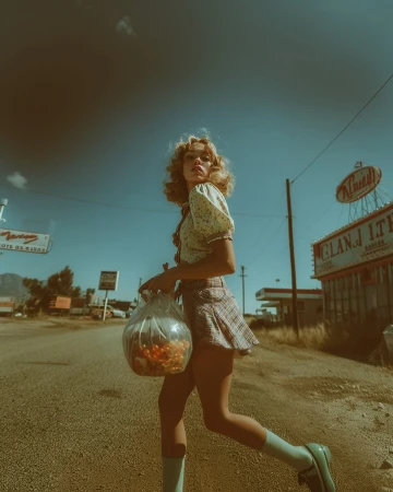 Woman in retro-style clothing walks on a desert road holding a plastic bag filled with orange snacks under a cloudy blue sky.