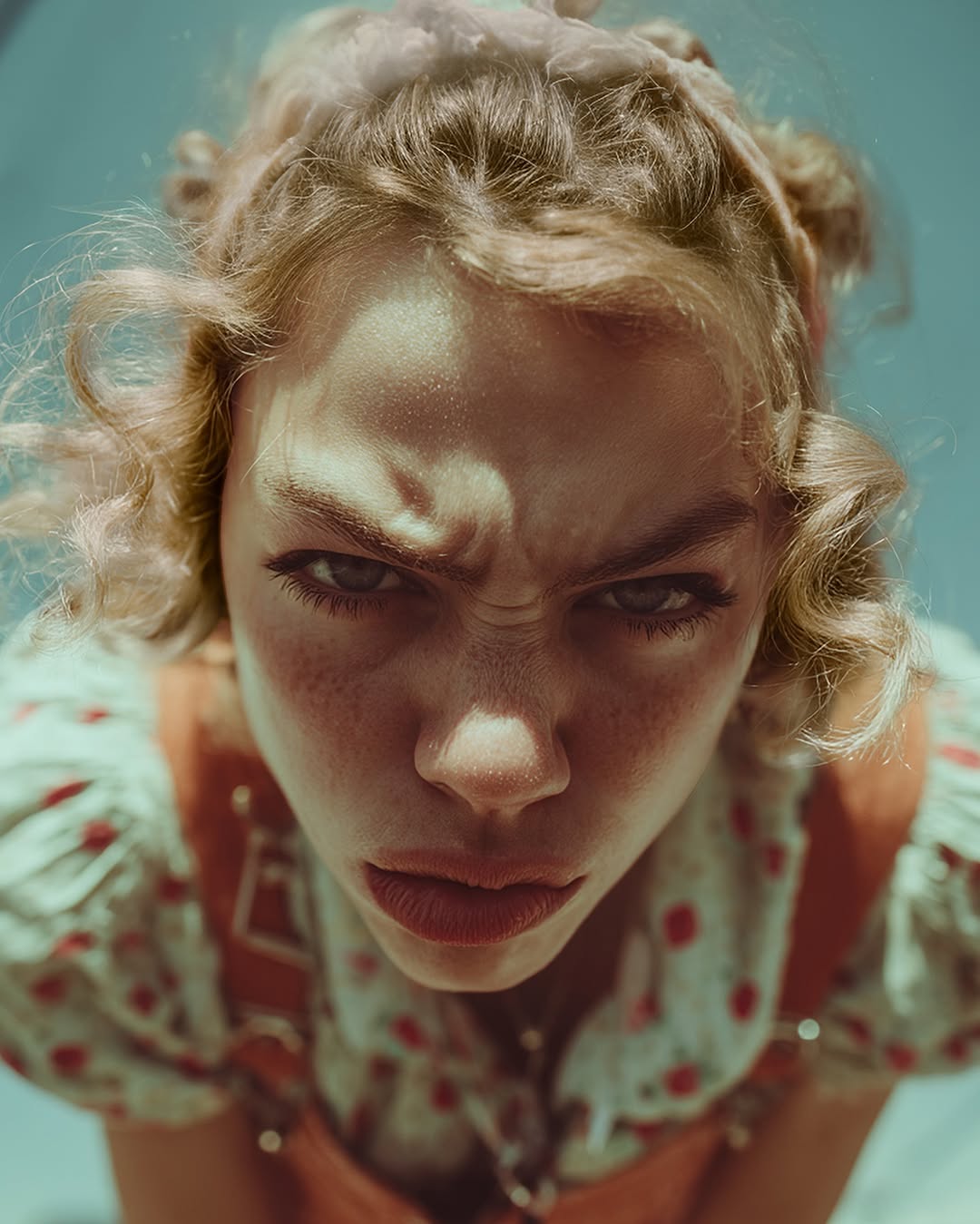 Close-up, low-angle shot of a woman with curly blonde hair and fair skin. She is wearing a floral blouse and red suspender straps.