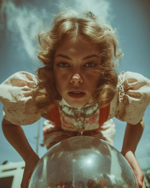 Eye-level shot of a fair-skinned young adult female with curly blonde hair holding a gumball machine outdoors on a sunny day.