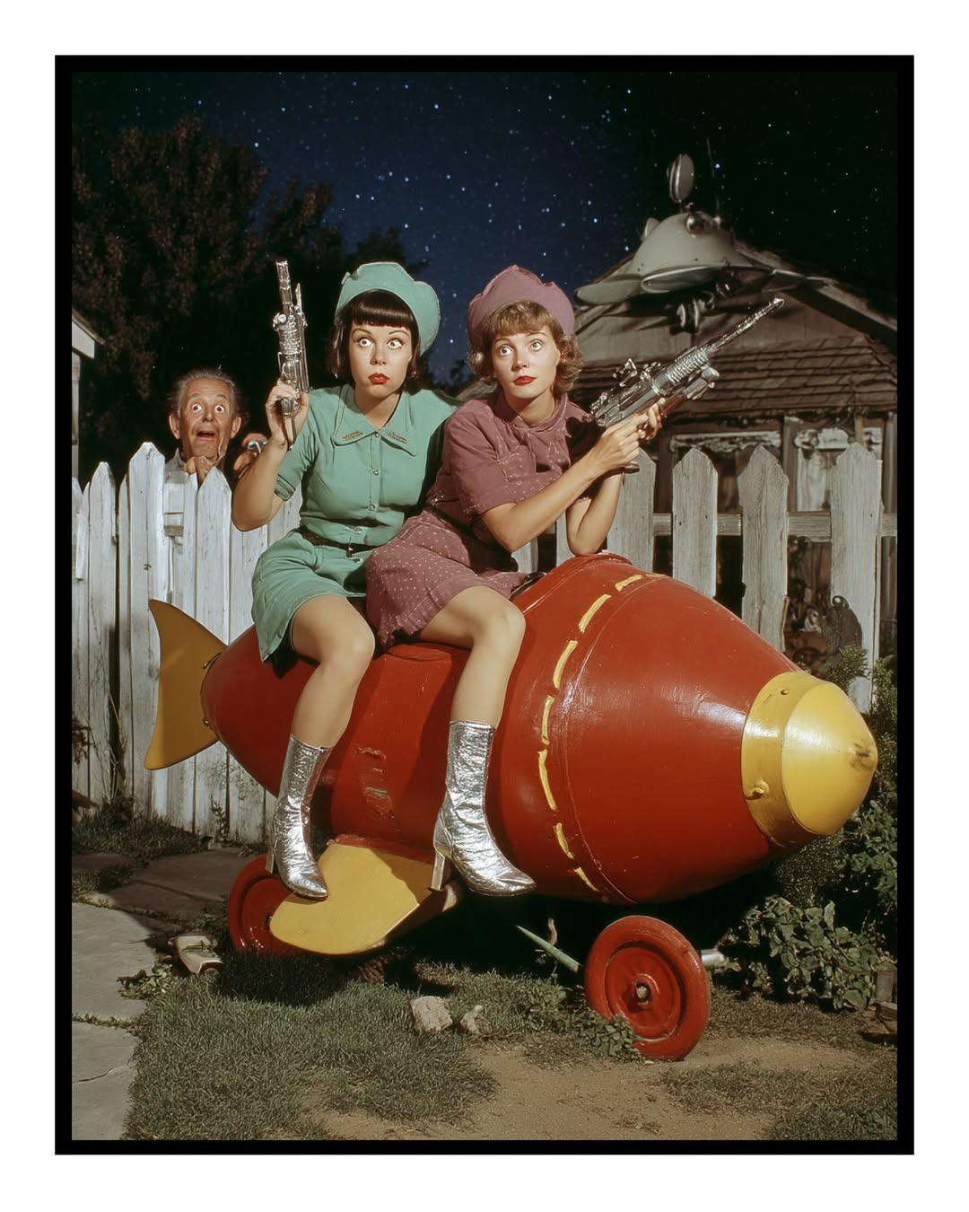 Two women sit on a toy rocket, holding toy guns in an outdoor setting at night, with an elderly man peeking over a fence.