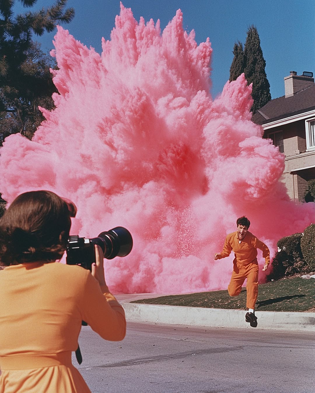 Woman filming explosion with man running away in an outdoor setting on a sunny day. The explosion is pink and very large.