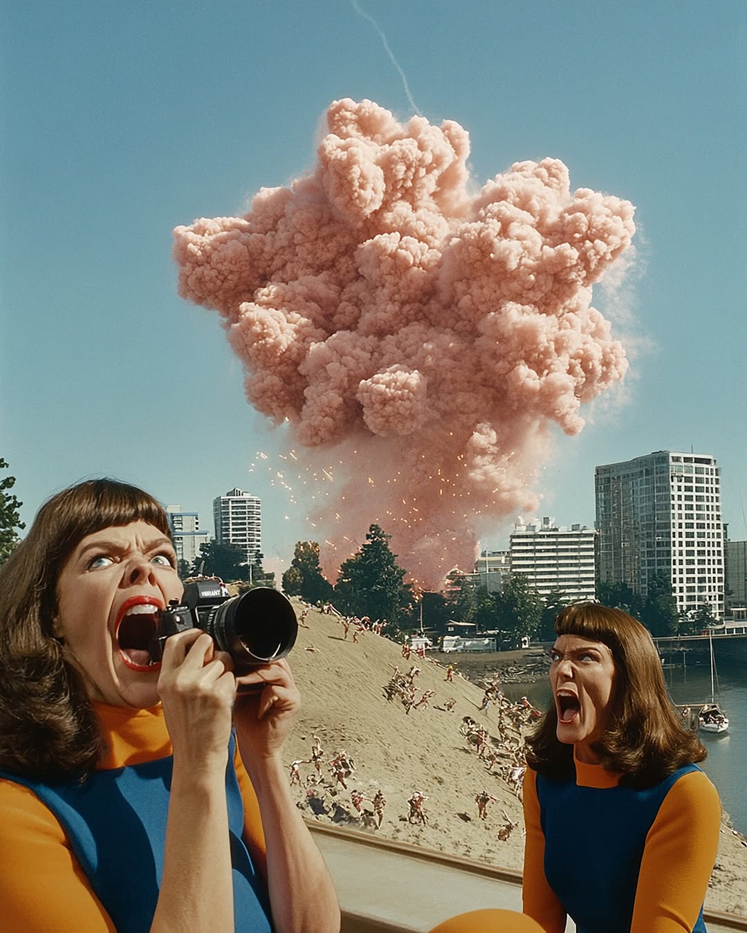 Two women react with shock, one photographing a billowing pink explosion over a city in a surreal, eye-level, medium shot.