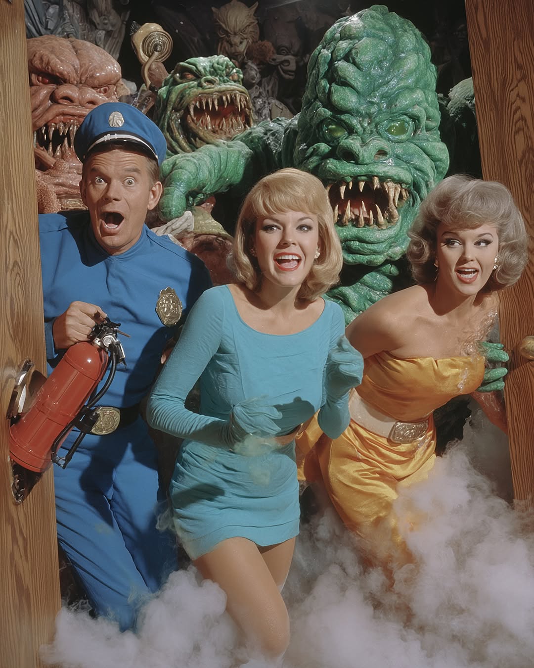 A vintage scene shows a man in a police uniform holding a fire extinguisher and two women looking frightened, escaping from monsters and smoke.