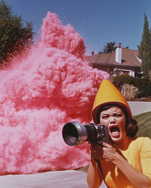 Adult female in a yellow outfit and cone hat holding camera with explosion of pink smoke, outdoors on a sunny day with clear blue sky.