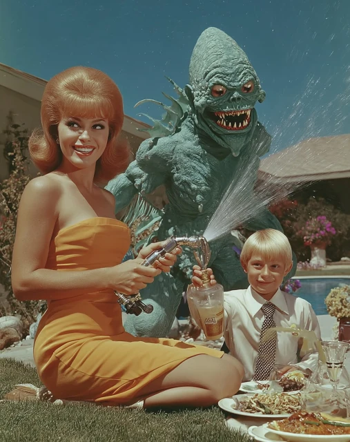 Retro-style image featuring a woman in an orange dress watering a boy and a creature with a garden hose at an outdoor picnic.