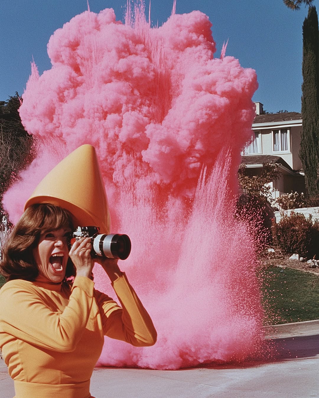 A woman in a yellow outfit and cone hat takes a photo of a large pink explosion outdoors on a sunny day near a house.