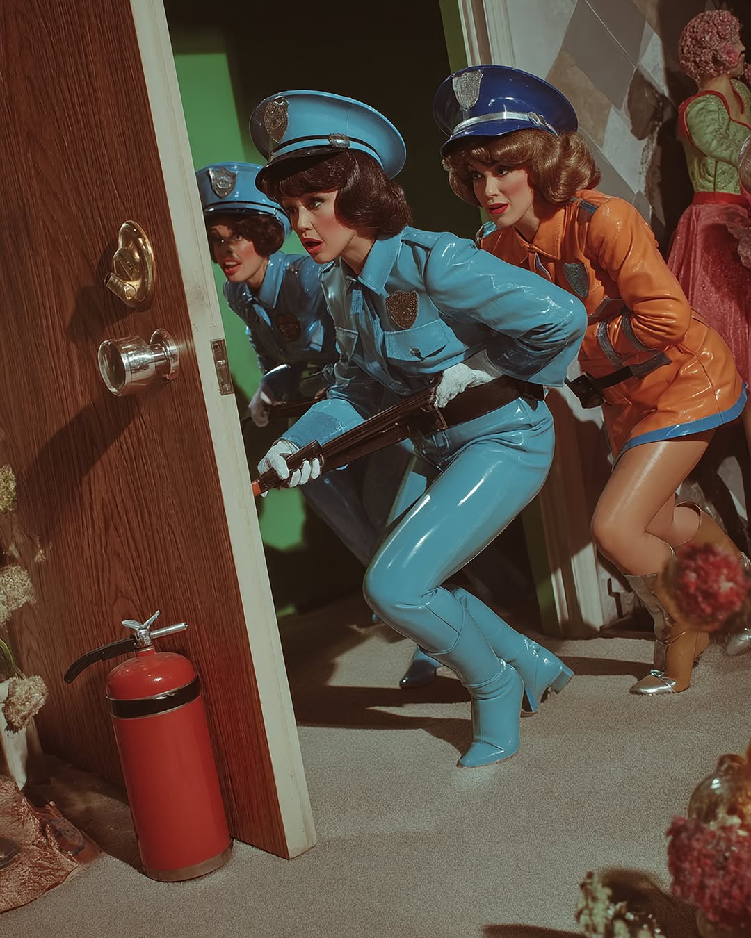 Three women in police costumes emerge from a doorway, one holding a rifle, in a vintage-style photo with theatrical, stage-like lighting.