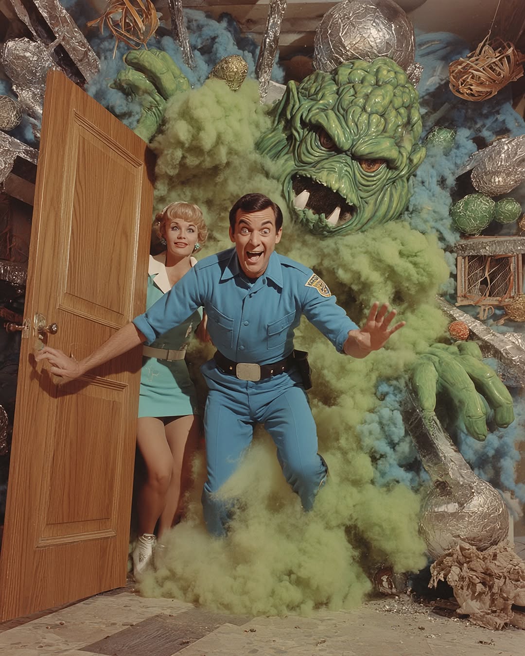 Man in blue uniform gestures excitedly beside a woman and a large, green monster emerging from a door, against a decorated backdrop.