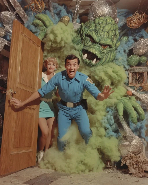Man in blue uniform gestures excitedly beside a woman and a large, green monster emerging from a door, against a decorated backdrop.