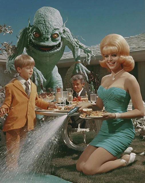 Surreal scene with a fair-skinned woman, boy with garden hose, businessman, and monster at an outdoor picnic table.
