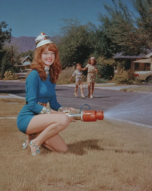 Woman in blue mini dress crouches on lawn with vintage water gun, two children walk in background, neighborhood setting, daytime.
