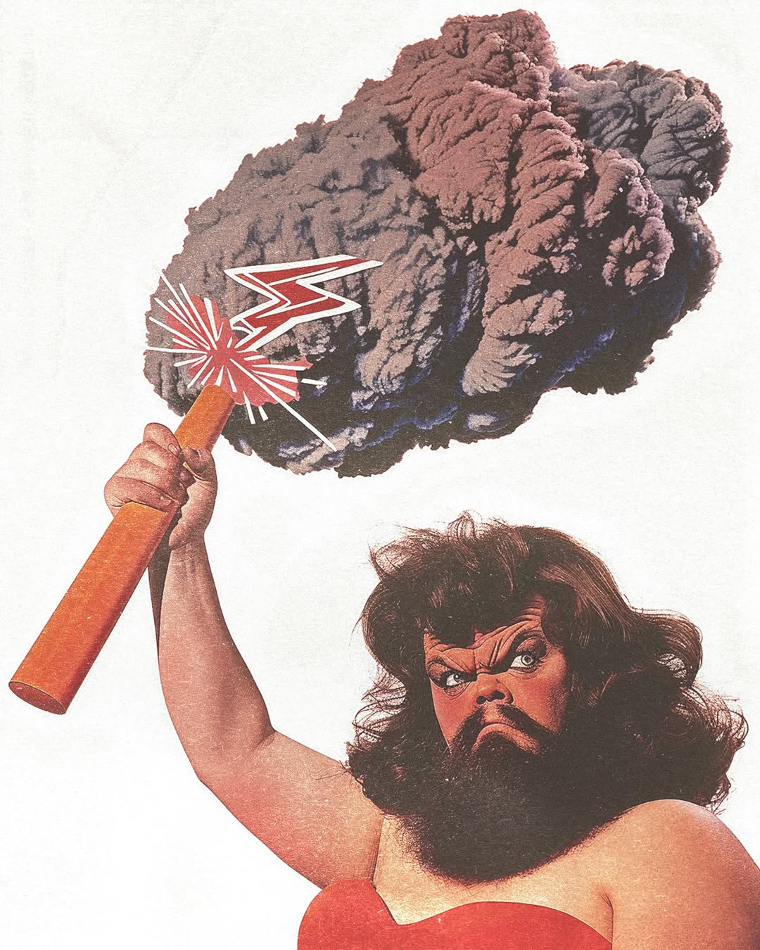 Conceptual image of a heavily bearded person with dramatic makeup holding a lightning wand beneath a storm cloud on a white background.