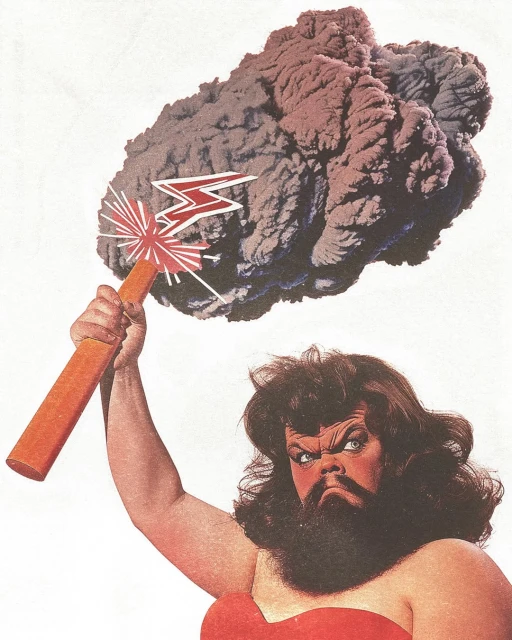 Conceptual image of a heavily bearded person with dramatic makeup holding a lightning wand beneath a storm cloud on a white background.