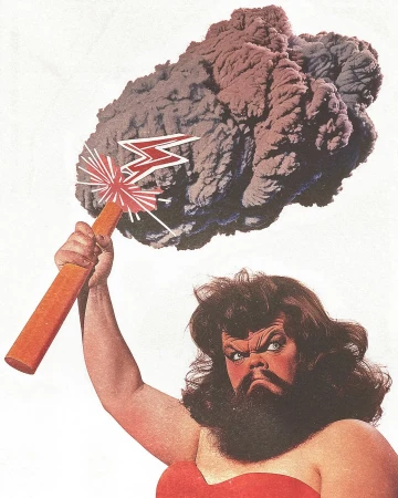 Conceptual image of a heavily bearded person with dramatic makeup holding a lightning wand beneath a storm cloud on a white background.