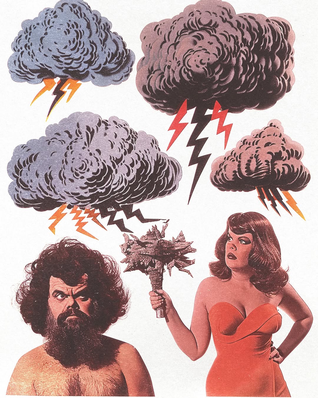 Illustration of a surly couple under storm clouds, with lightning bolts, woman in red dress holding dead bouquet, cartoon art style.
