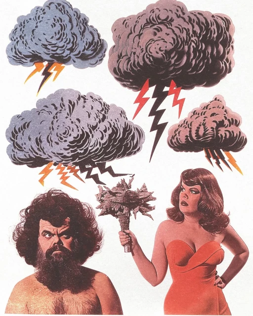 Illustration of a surly couple under storm clouds, with lightning bolts, woman in red dress holding dead bouquet, cartoon art style.
