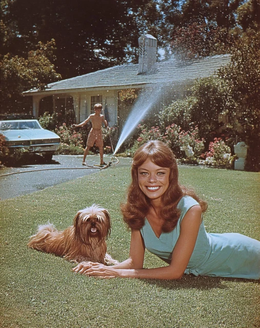 A smiling adult woman lies on a lawn with a dog; a man is in the background with a hose; a house and car are also visible.