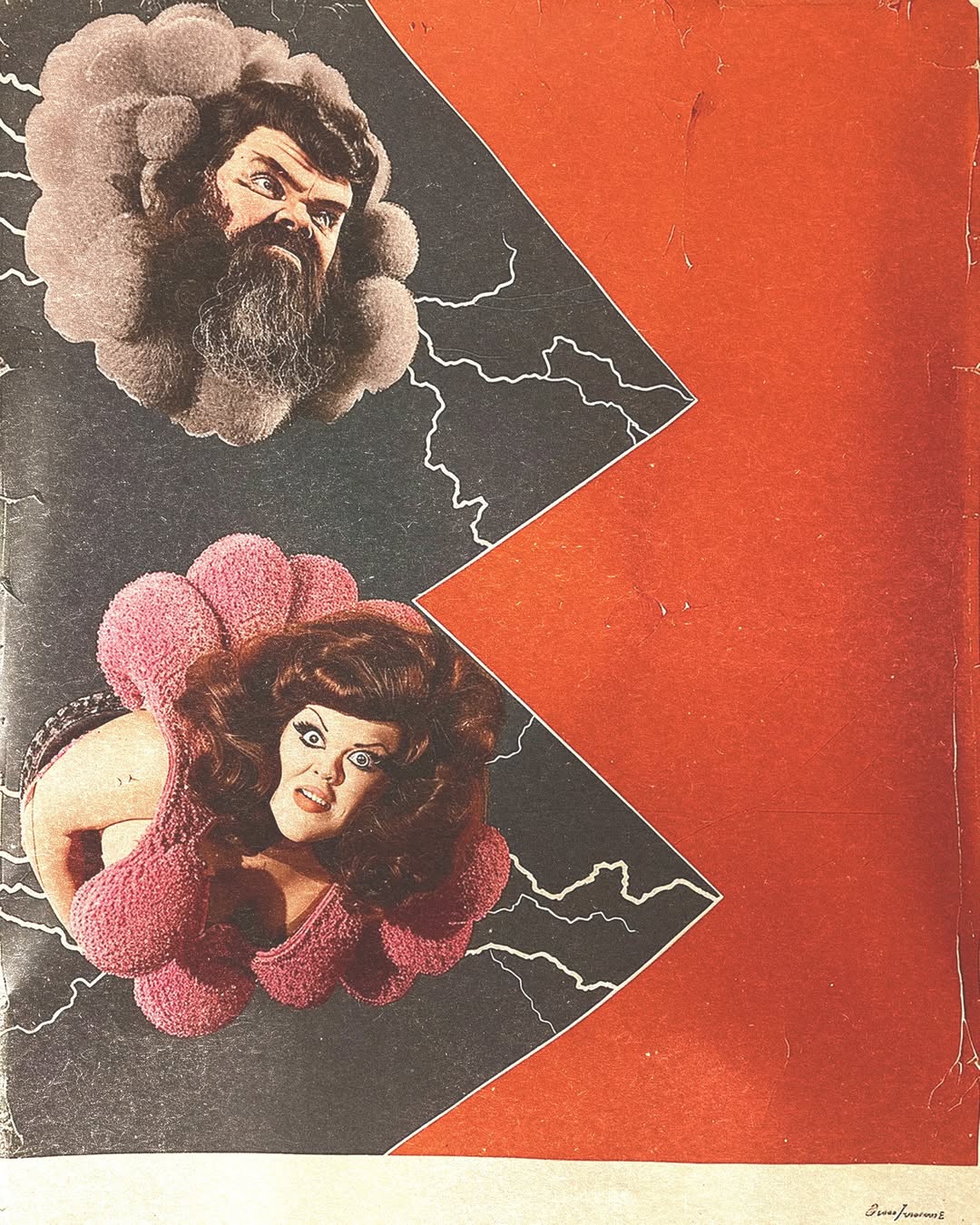 Surreal collage of a bearded man in clouds and a woman in a pink flower-like costume, set against a red and black geometric background.