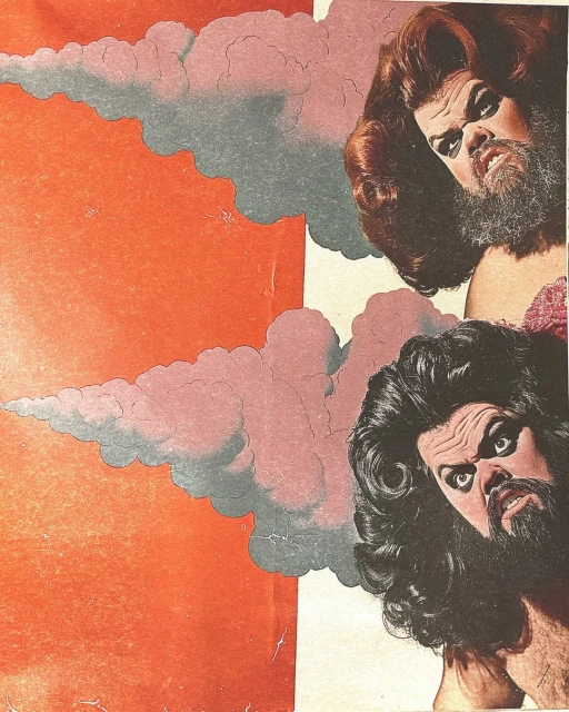 Illustration of two adult males with beards and long hair against a backdrop of an orange sky and grey clouds in a vintage style.