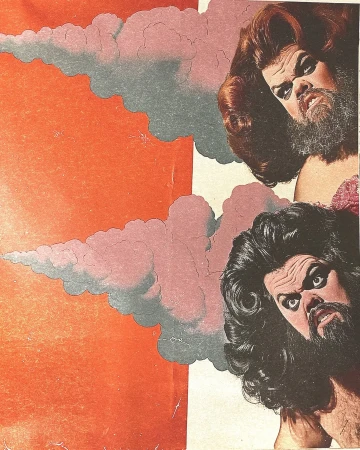 Illustration of two adult males with beards and long hair against a backdrop of an orange sky and grey clouds in a vintage style.