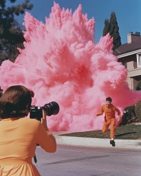 Photographer in orange outfit capturing a man running from a massive pink smoke cloud on a suburban street.