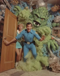 Man and woman opening wooden door as a large green monster emerges from swirling green smoke by Vibrant Journey
