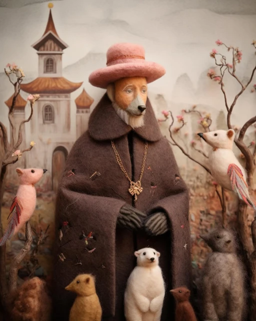 Whimsical art featuring an anthropomorphic dog figure in historical attire amidst toy animals and blooming cherry blossoms, set against painted backdrop.