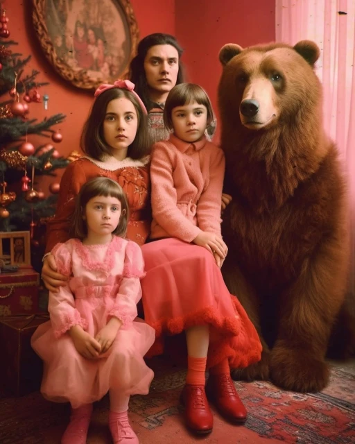 Family portrait with three children and a large brown bear seated in a room with a Christmas tree and red walls.