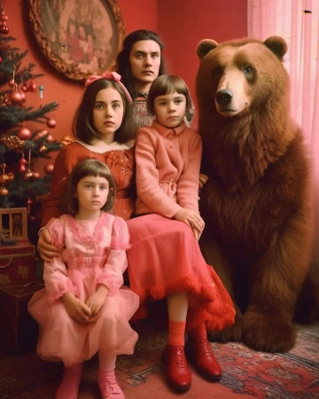 Family portrait with three children and a large brown bear seated in a room with a Christmas tree and red walls.