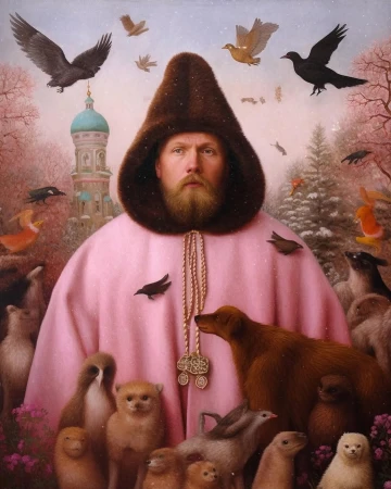 Painting of a bearded man in pink robe surrounded by birds, dogs, and small animals, with a building in the background.