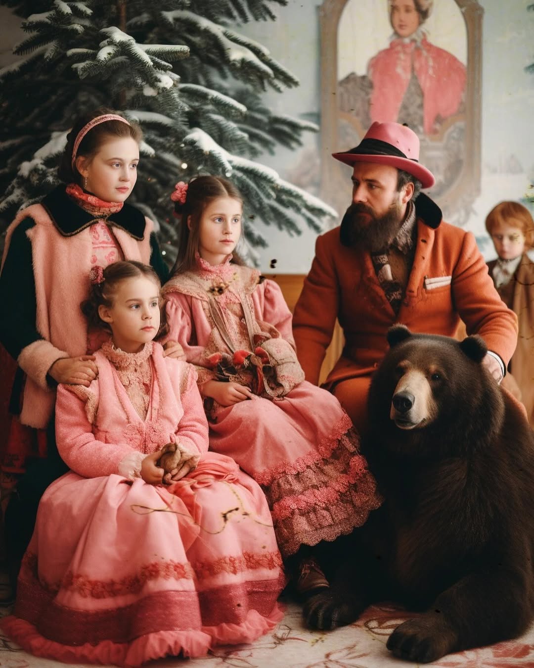 Family with three children, dressed in pink vintage-style clothing, sitting alongside a large brown bear in an indoor setting near a Christmas tree.