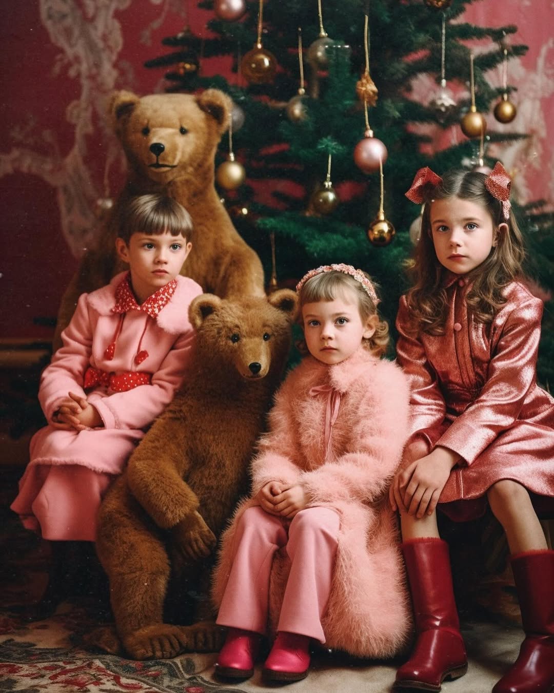 Three young girls pose in pink coats and matching boots next to teddy bears and a Christmas tree with ornaments in an indoor setting.