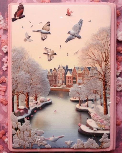 Winter scene of Amsterdam canal with snow-covered trees and buildings, birds flying overhead, rendered with an illustrative style.